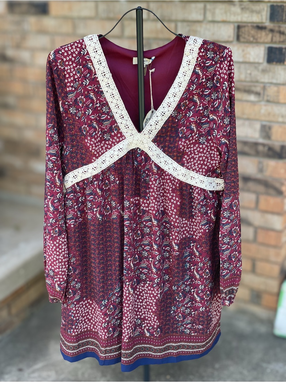 NWT Entro Burgundy Boho Patchwork Maxi Dress Crochet Lace Large